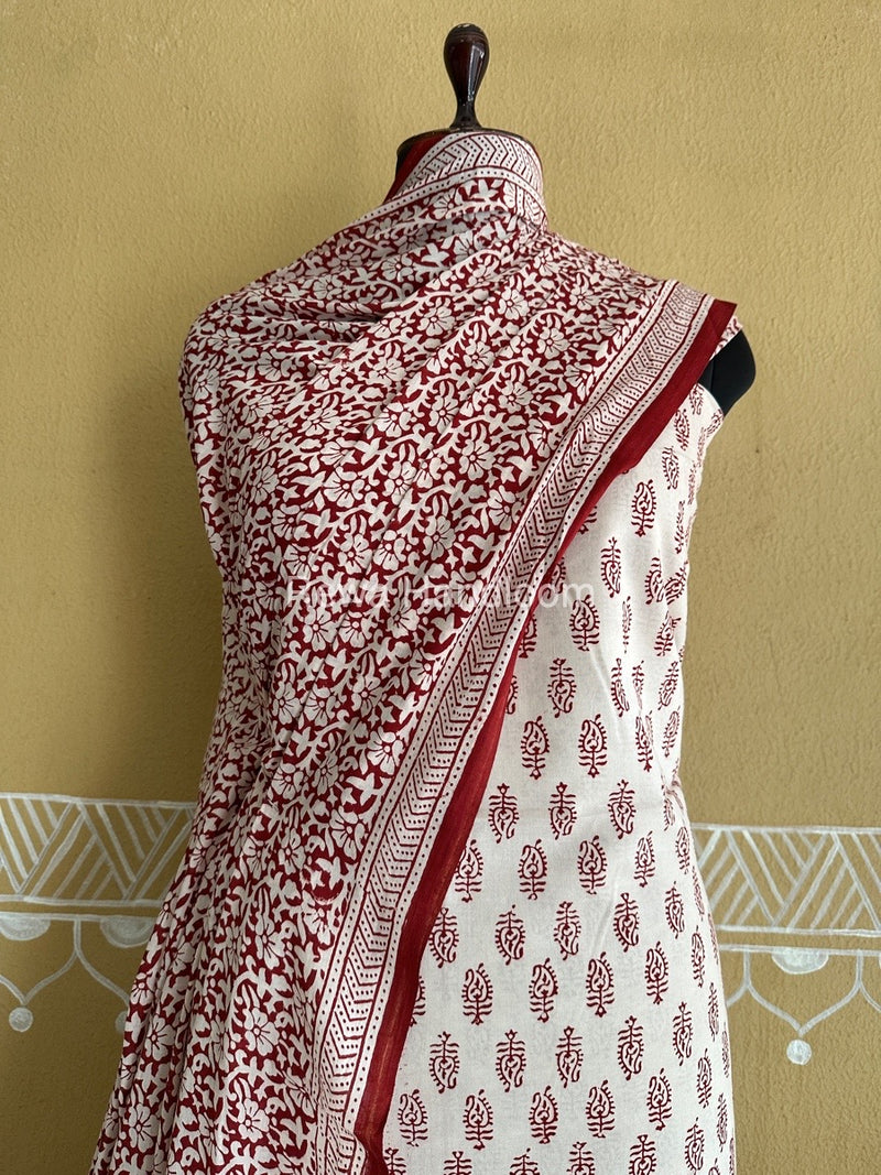 White-Maroon Bagh Print Cotton Suit BCSP0141