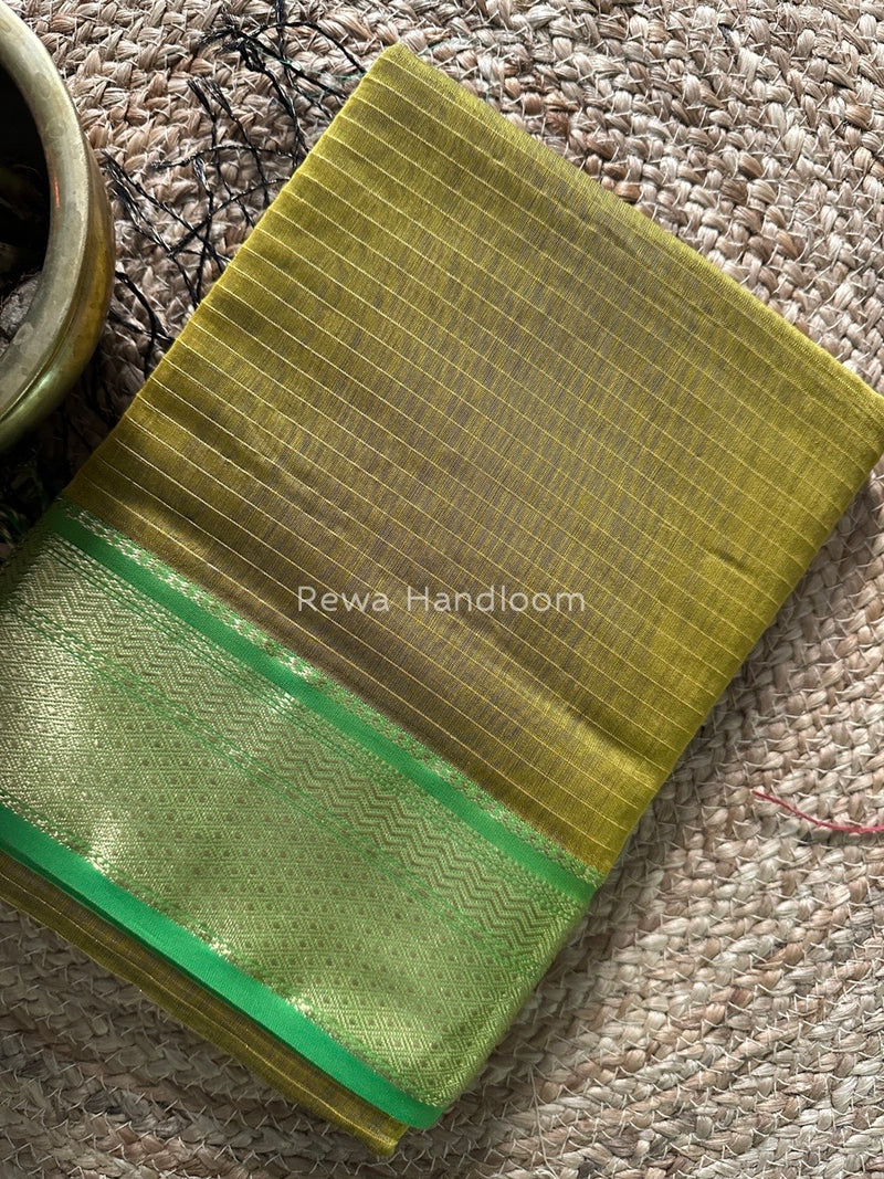 Maheshwari Mehendi Green Zari Linning Saree GL059