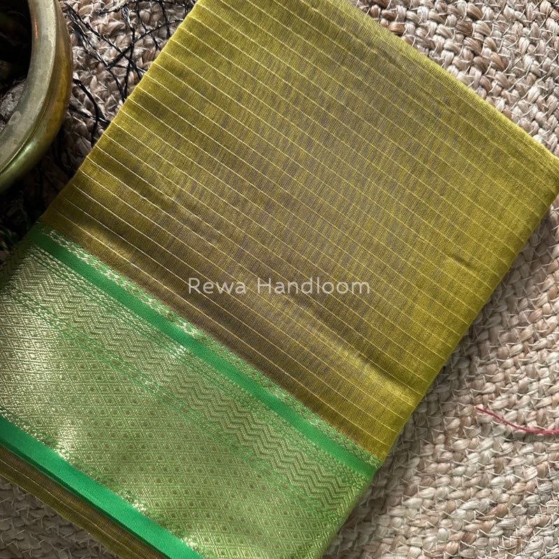 Maheshwari Mehendi Green Zari Linning Saree GL059