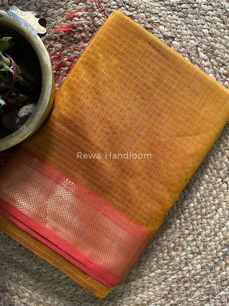 Maheshwari Mustard Yellow Zari Checks Saree ZCHX220
