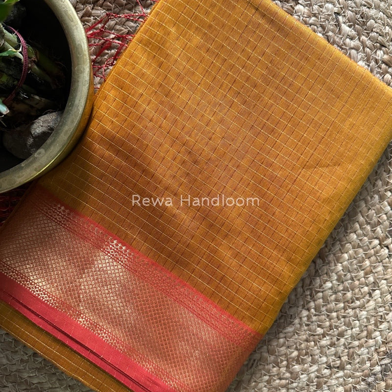 Maheshwari Mustard Yellow Zari Checks Saree ZCHX220