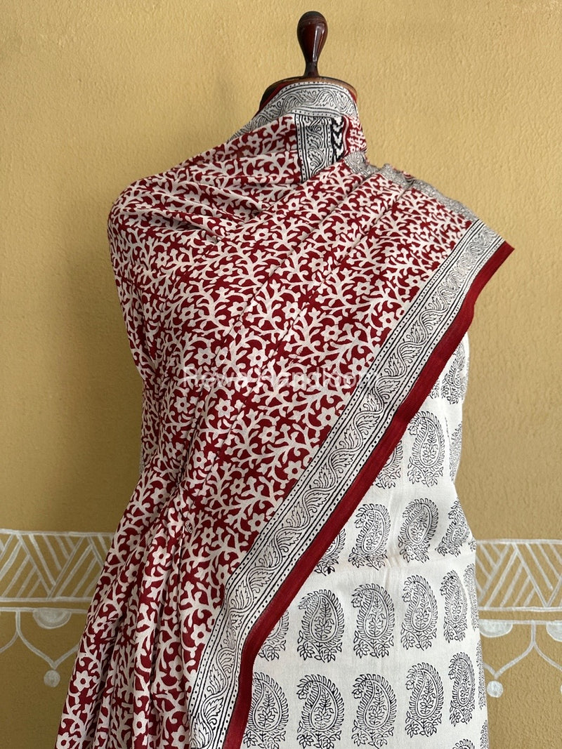 White-Maroon Bagh Print Cotton Suit BCSP0147