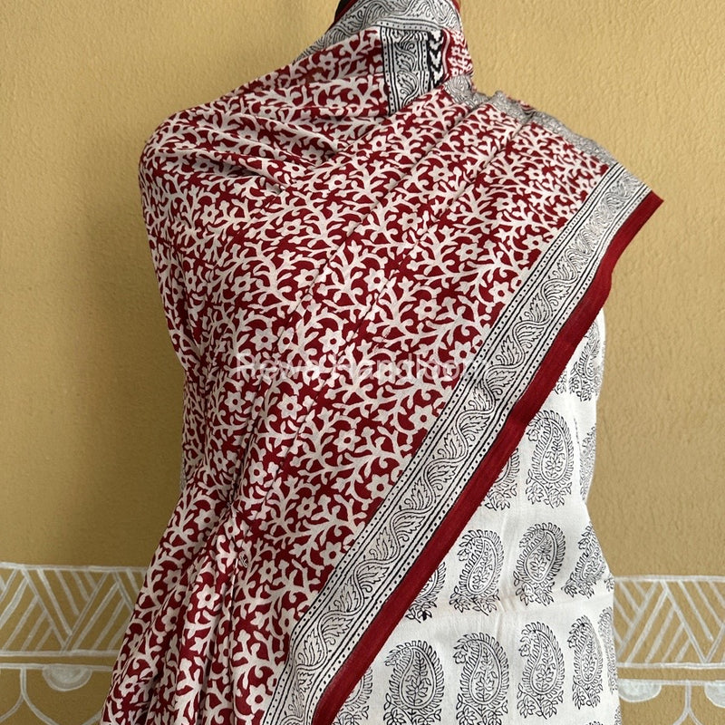White-Maroon Bagh Print Cotton Suit BCSP0147