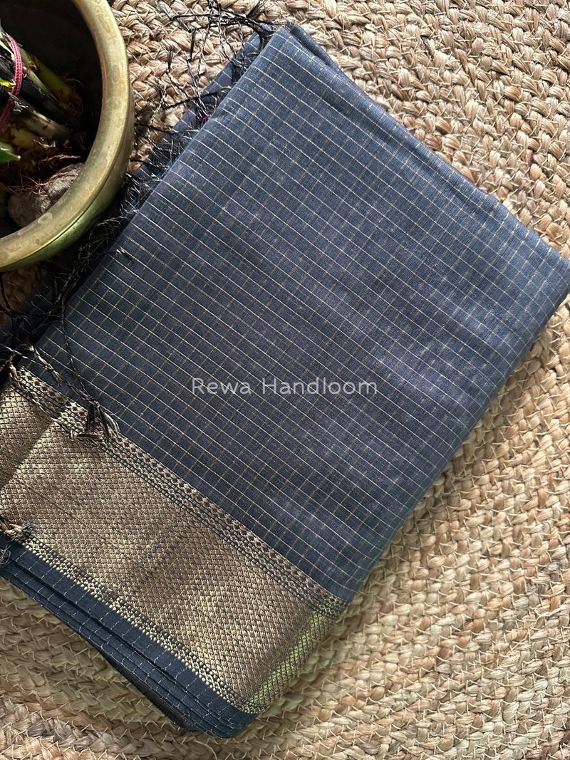 Maheshwari Dark Grey Zari Checks Saree ZCHX225