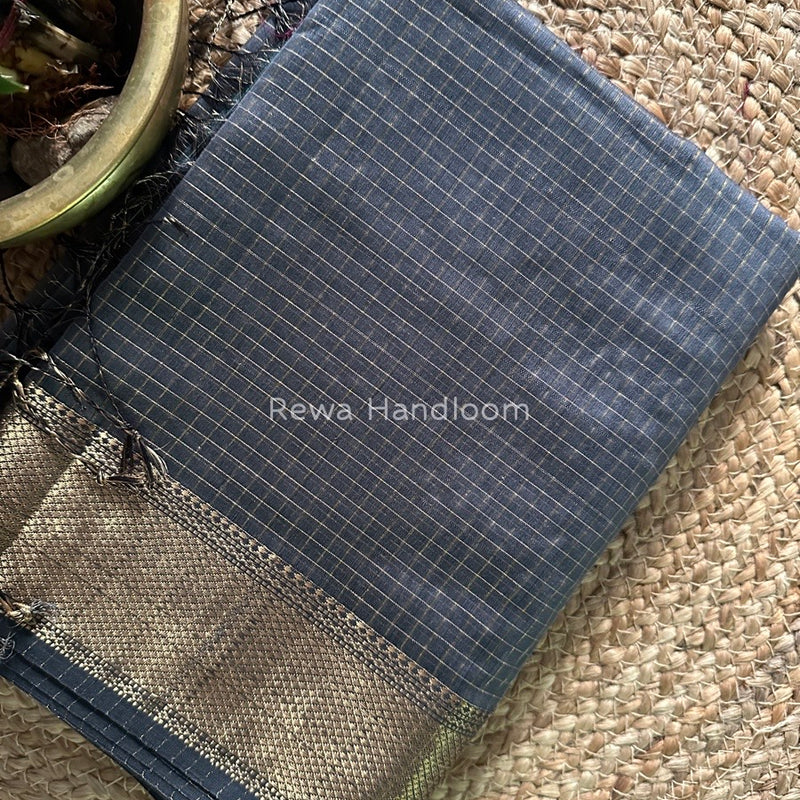 Maheshwari Dark Grey Zari Checks Saree ZCHX225