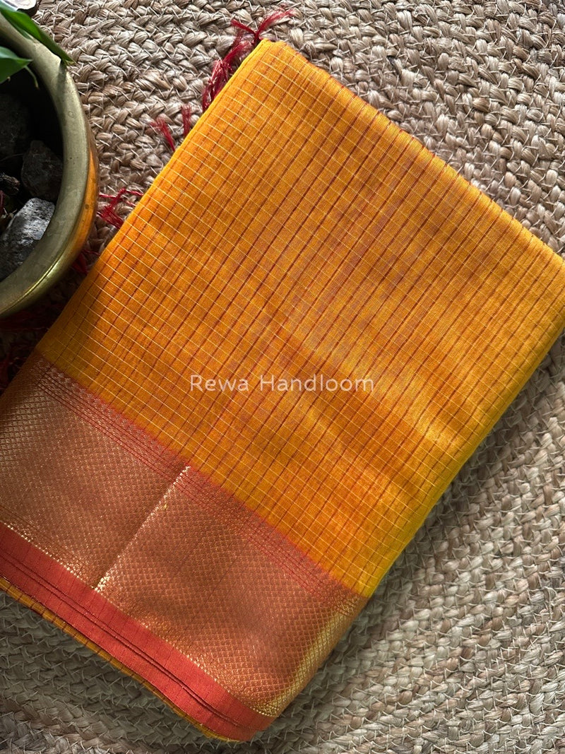 Maheshwari Golden Yellow Zari Checks Saree ZCHX226