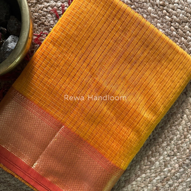 Maheshwari Golden Yellow Zari Checks Saree ZCHX226