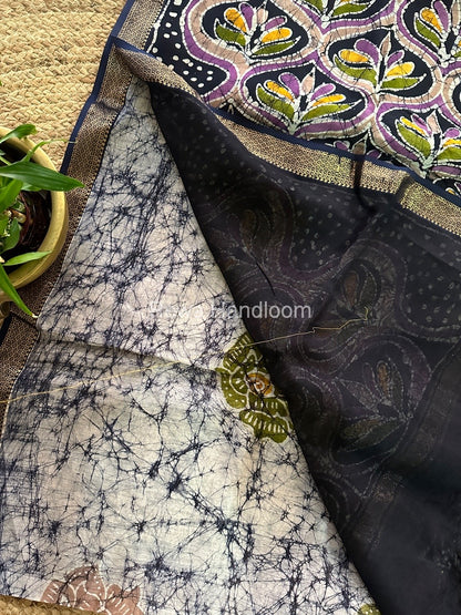 Maheshwari Navy Blue Batik Indonesian Print Saree IBS027
