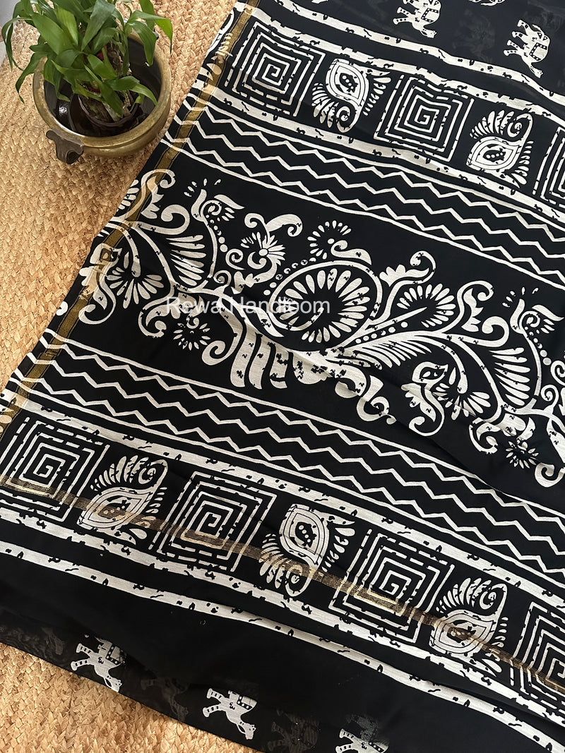 Black Chanderi Silk Printed Saree CPS068