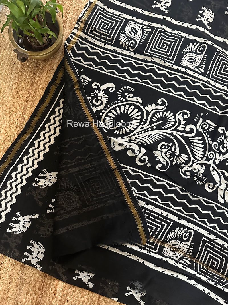 Black Chanderi Silk Printed Saree CPS068