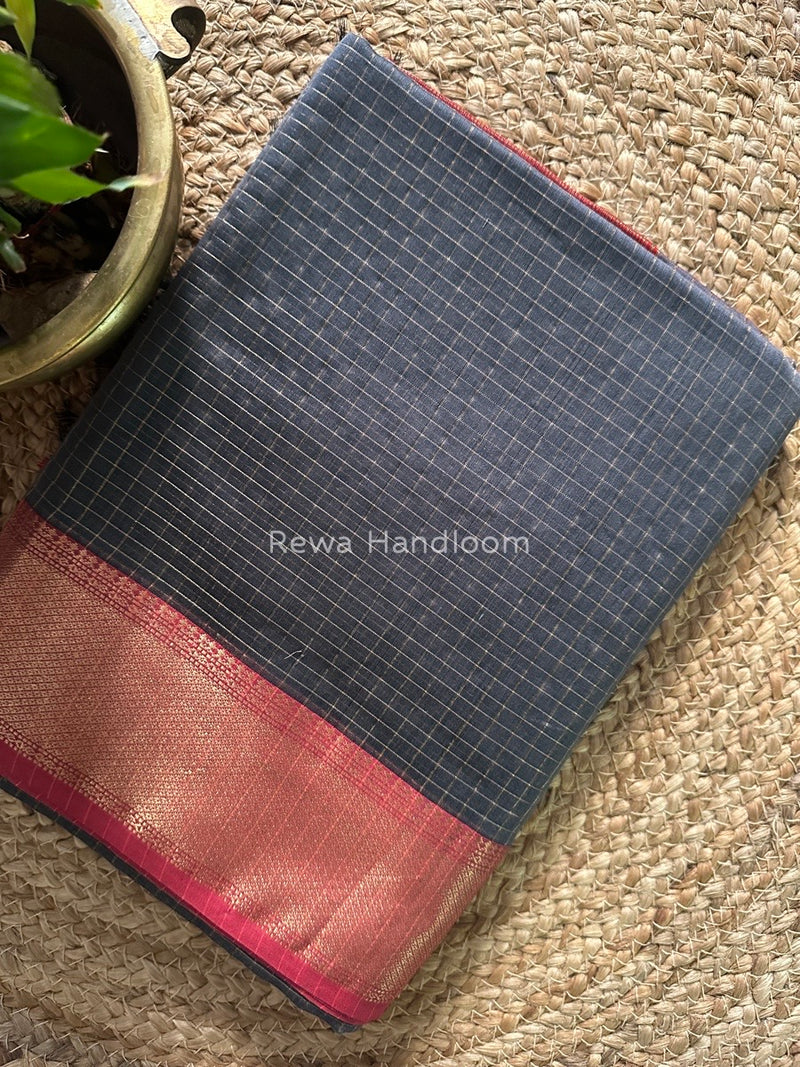 Maheshwari Dark Grey Zari Checks Saree ZCHX231