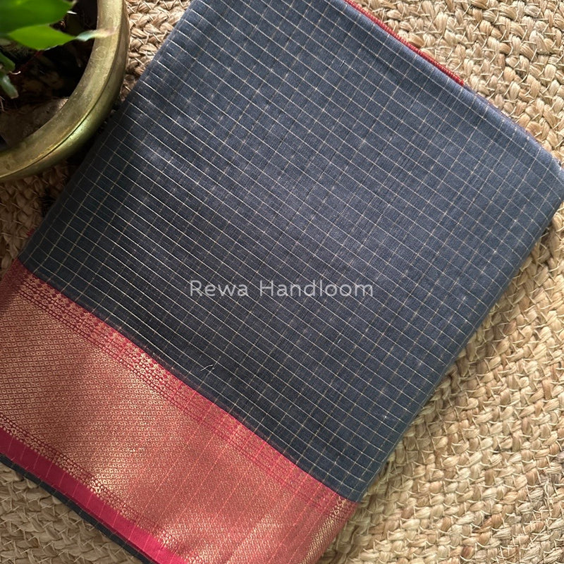 Maheshwari Dark Grey Zari Checks Saree ZCHX231
