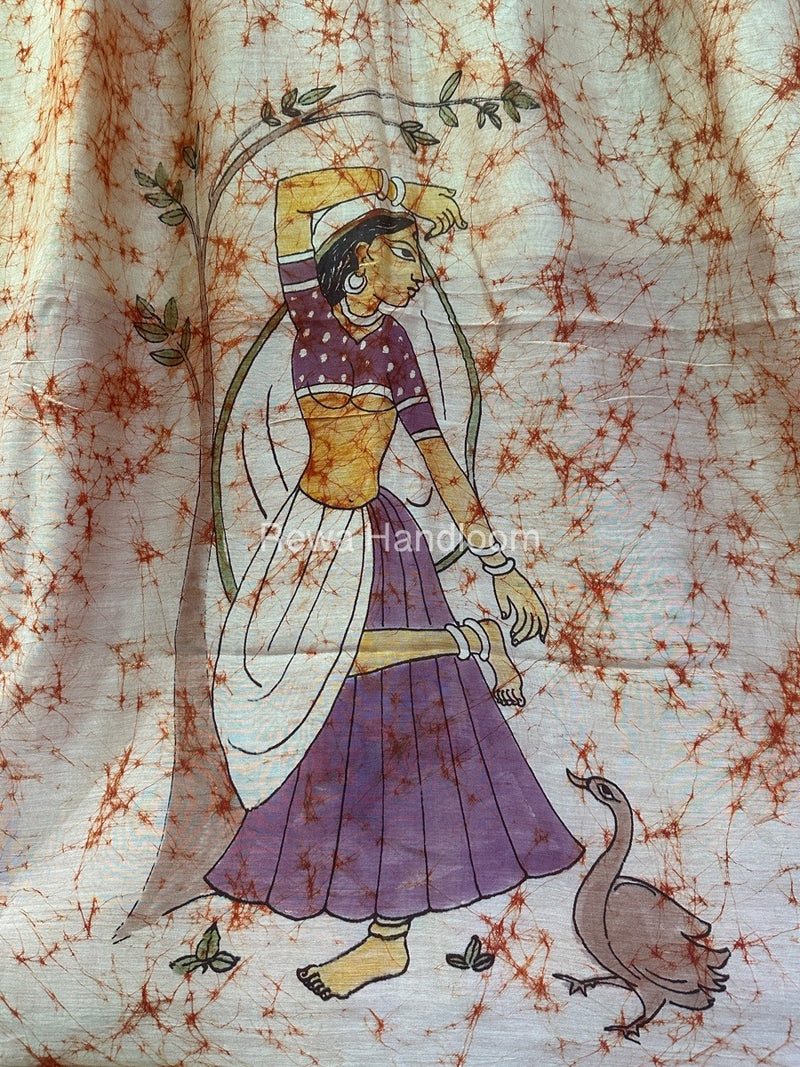 Maheshwari Orange Batik Figure Handpainted Saree MFPS024