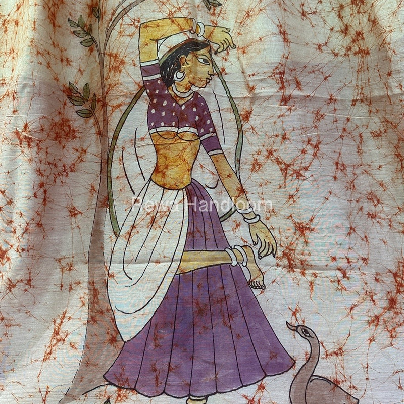 Maheshwari Orange Batik Figure Handpainted Saree MFPS024