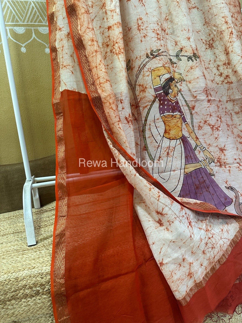 Maheshwari Orange Batik Figure Handpainted Saree MFPS024