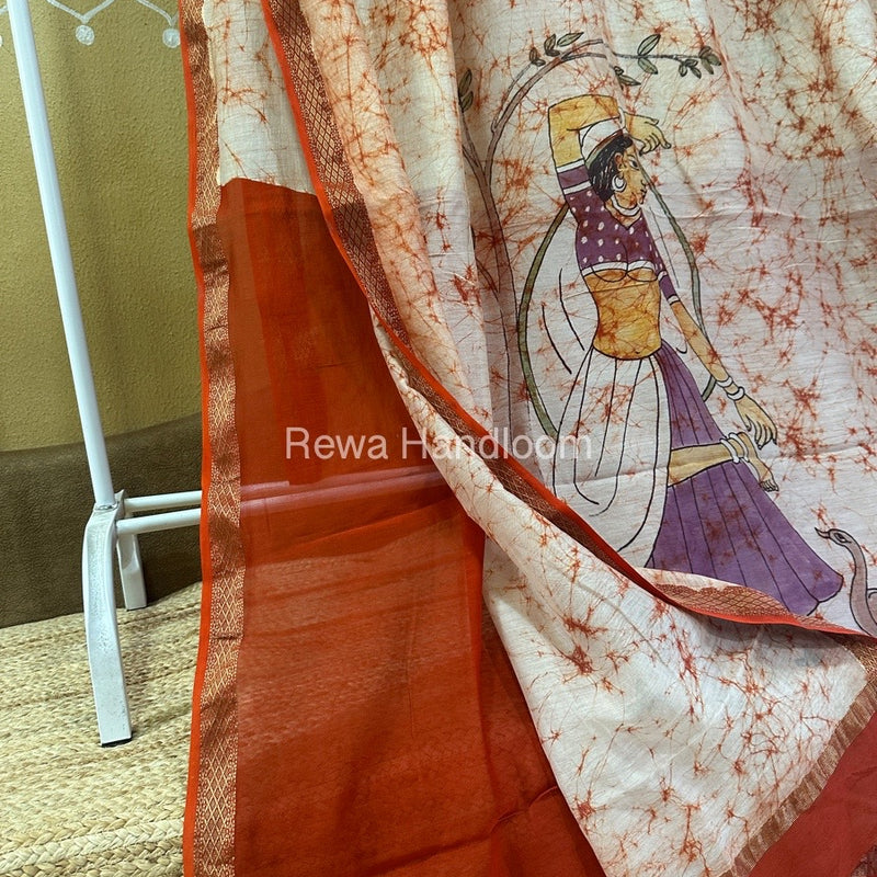 Maheshwari Orange Batik Figure Handpainted Saree MFPS024
