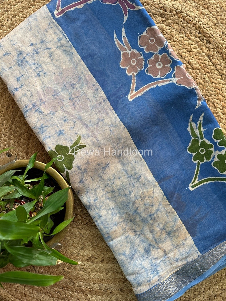 Maheshwari Sky Blue Batik Indonesian Print Saree IBS045