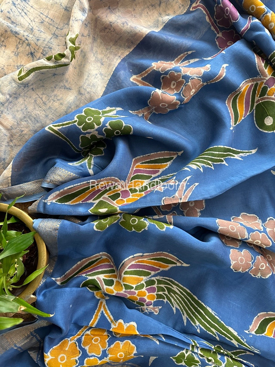 Maheshwari Sky Blue Batik Indonesian Print Saree IBS045