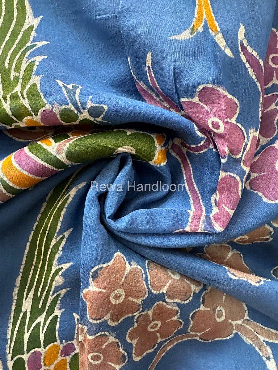 Maheshwari Sky Blue Batik Indonesian Print Saree IBS045