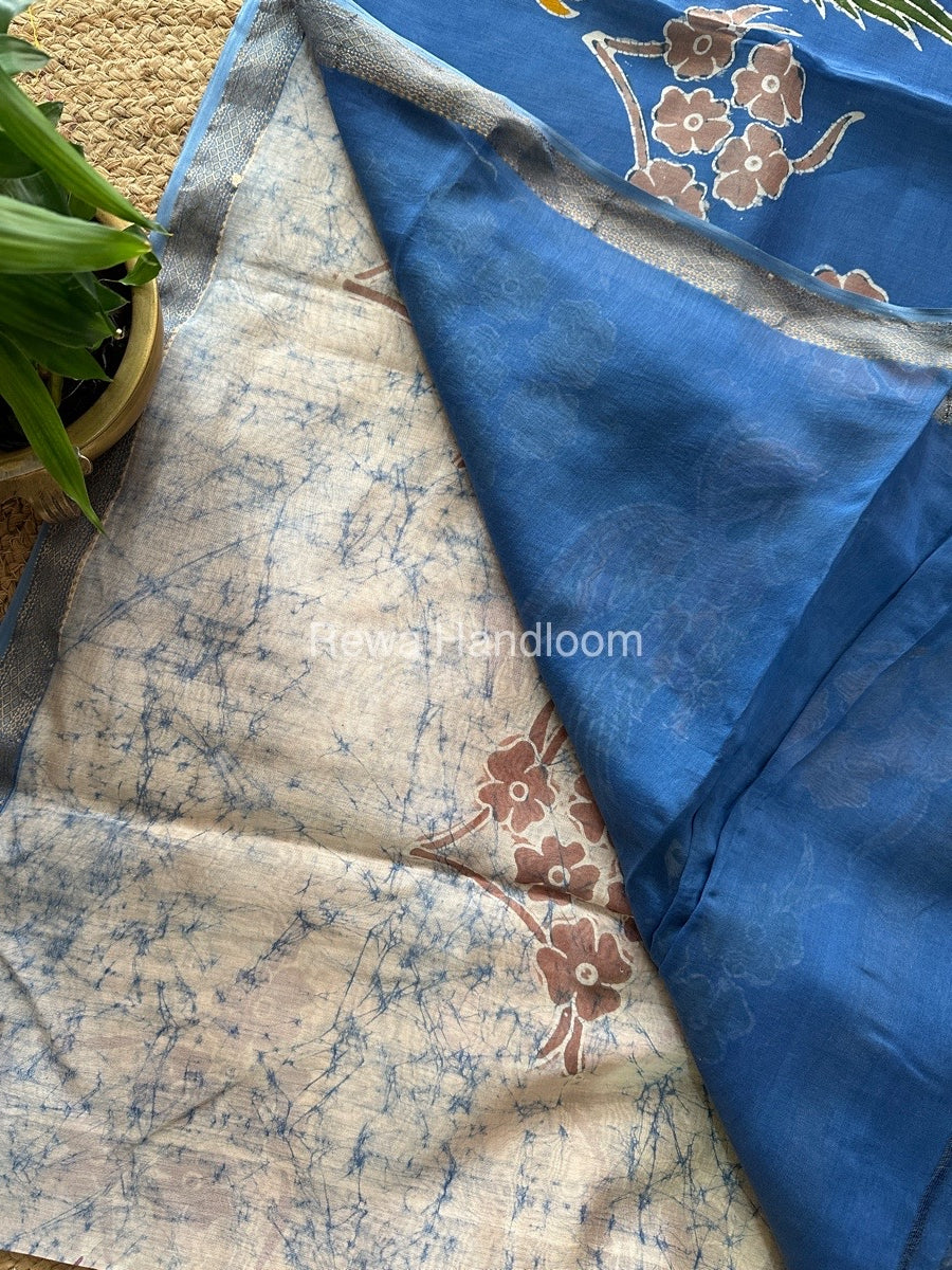 Maheshwari Sky Blue Batik Indonesian Print Saree IBS045