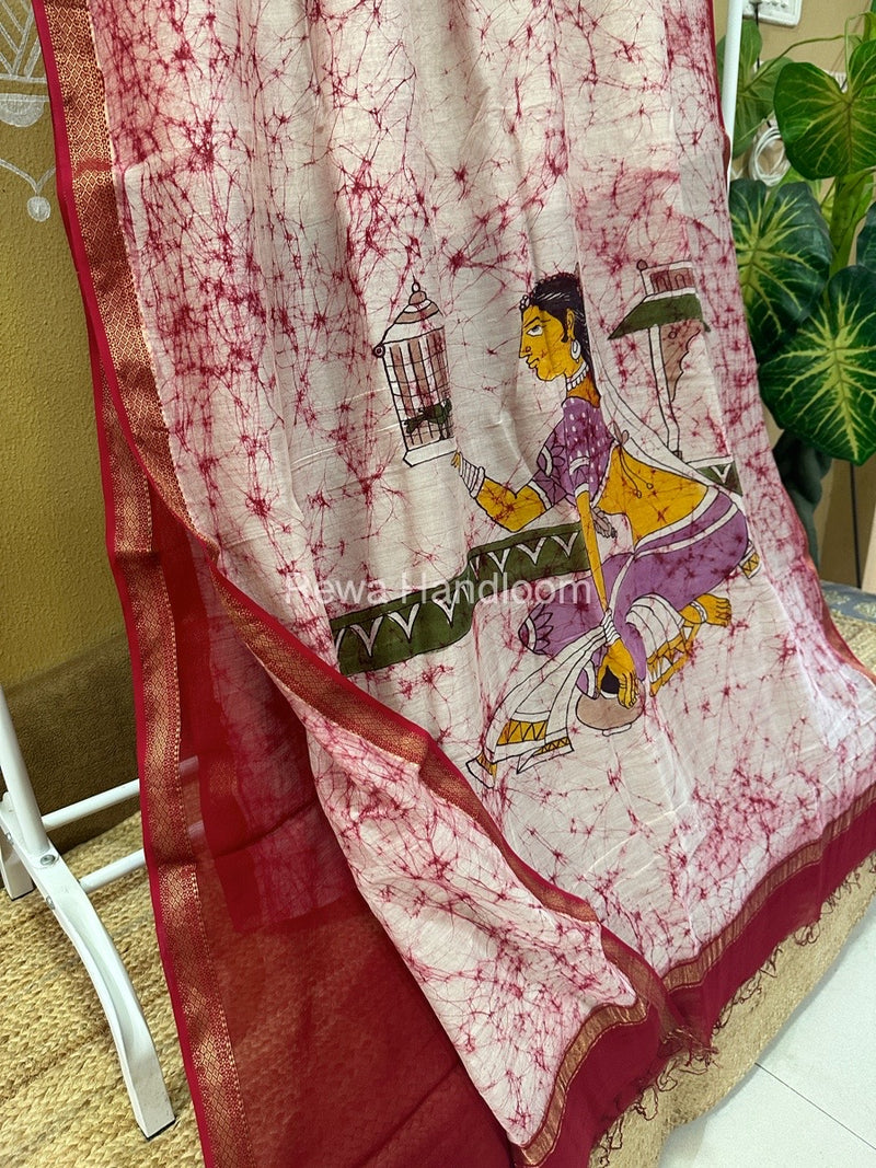 Maheshwari Pink Batik Figure Handpainted Saree MFPS022