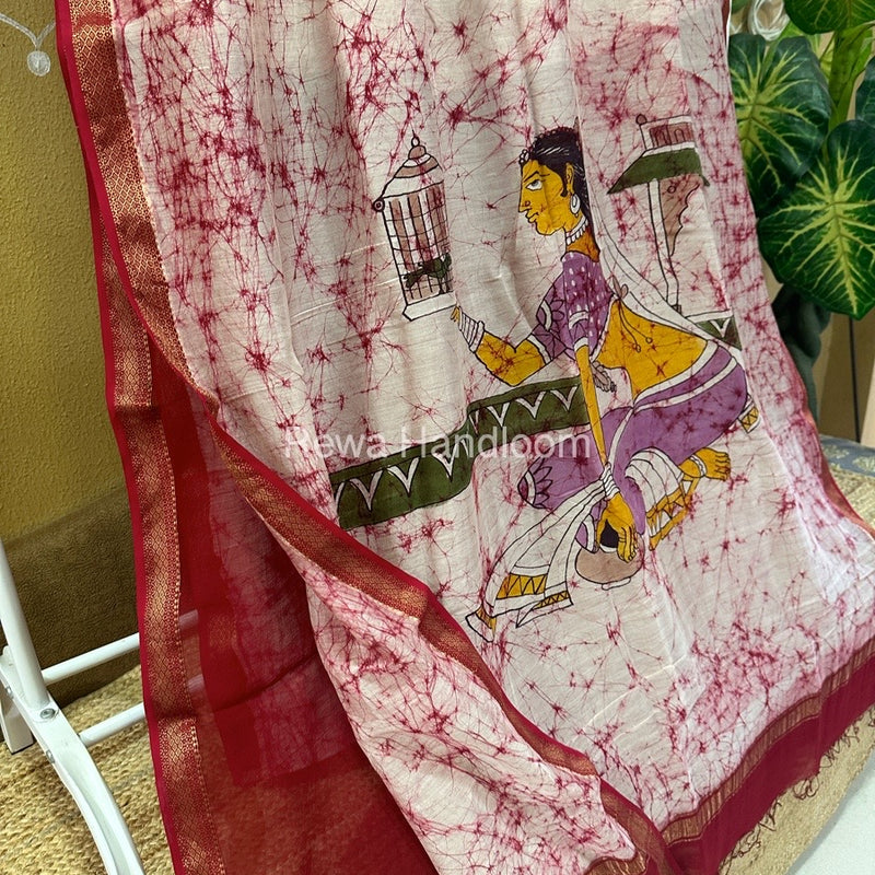 Maheshwari Pink Batik Figure Handpainted Saree MFPS022