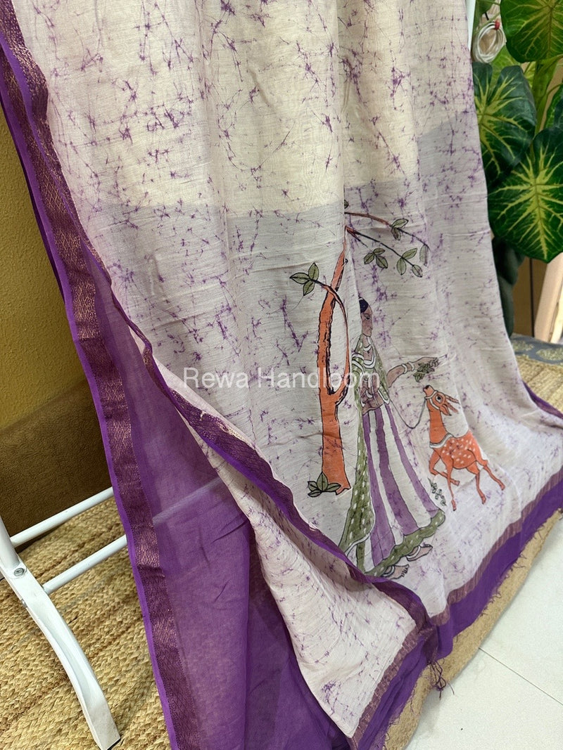 Maheshwari Purple Batik Figure Handpainted Saree MFPS010