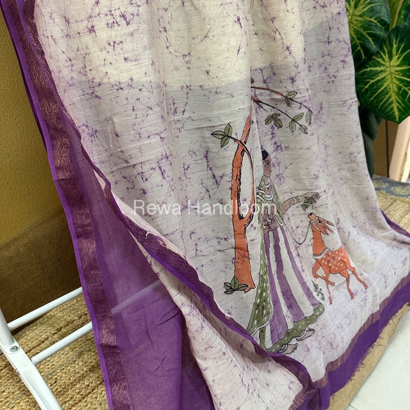 Maheshwari Purple Batik Figure Handpainted Saree MFPS010