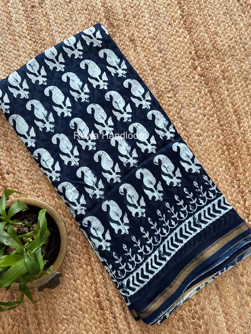 Navy Blue Chanderi Silk Printed Saree CPS062