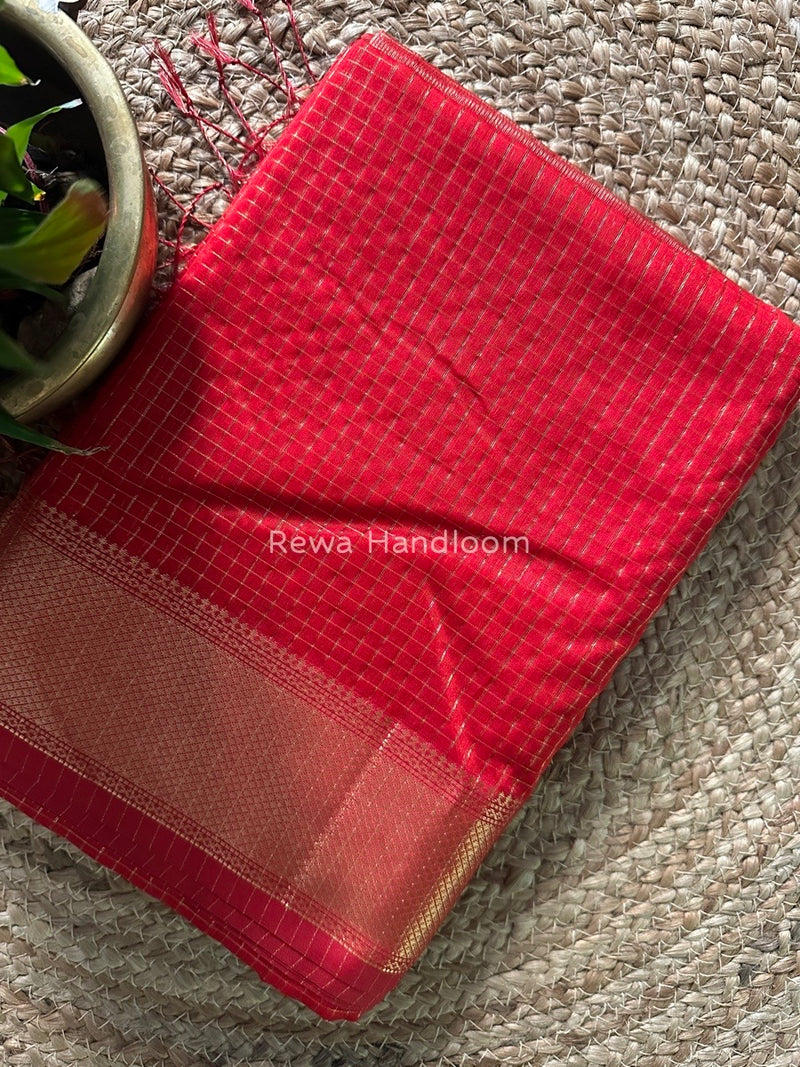 Maheshwari Red Zari Checks Saree ZCHX238