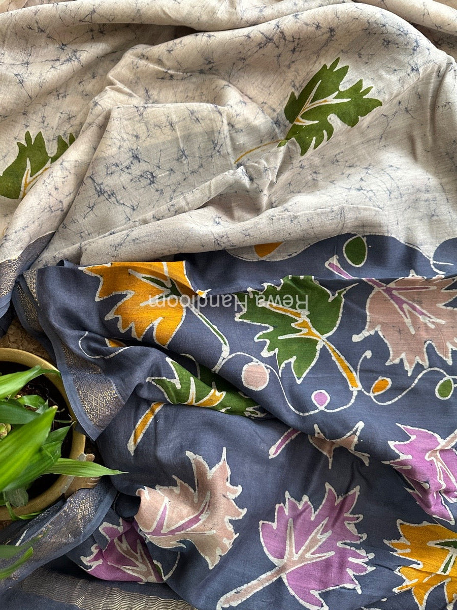 Maheshwari Grey Batik Indonesian Print Saree IBS059