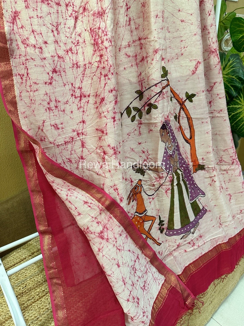 Maheshwari Pink Batik Figure Handpainted Saree MFPS012