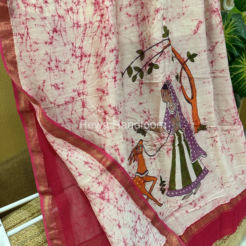 Maheshwari Pink Batik Figure Handpainted Saree MFPS012