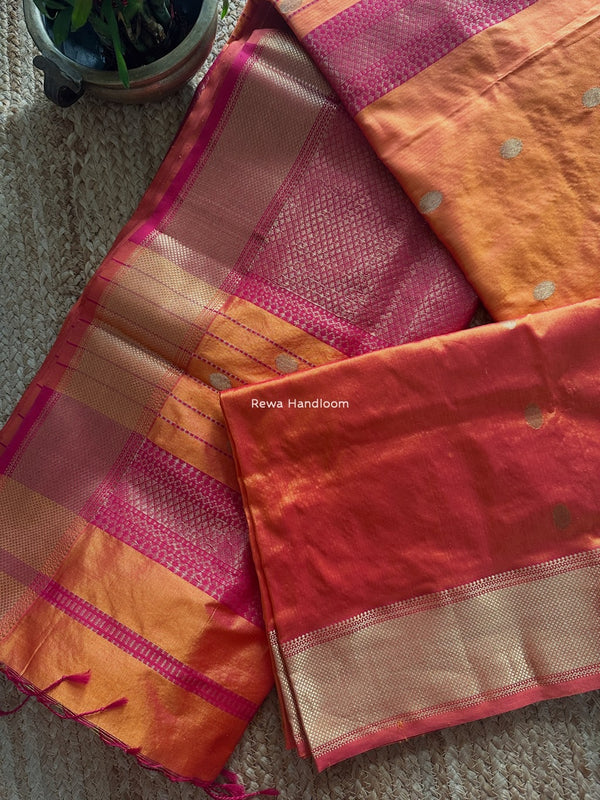 Maheshwari Orange Pure Silk Saree PS059