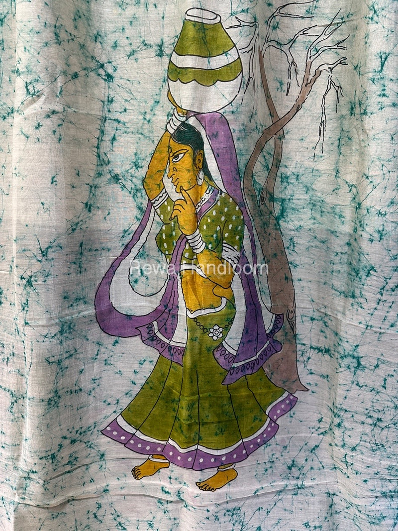 Maheshwari Aqua Green Batik Figure Handpainted Saree MFPS020