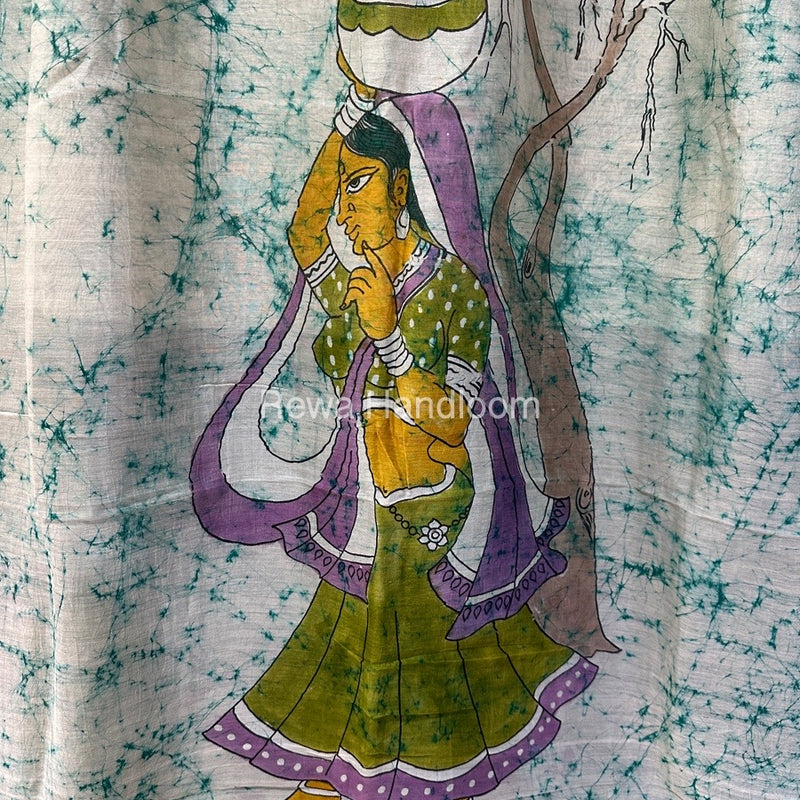 Maheshwari Aqua Green Batik Figure Handpainted Saree MFPS020