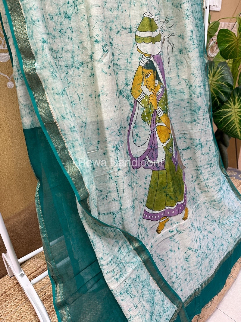 Maheshwari Aqua Green Batik Figure Handpainted Saree MFPS020