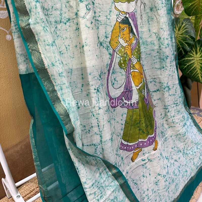 Maheshwari Aqua Green Batik Figure Handpainted Saree MFPS020
