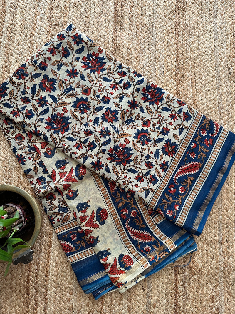 Cream Yellow Chanderi Silk Printed Saree CPS061