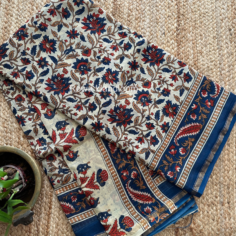 Cream Yellow Chanderi Silk Printed Saree CPS061