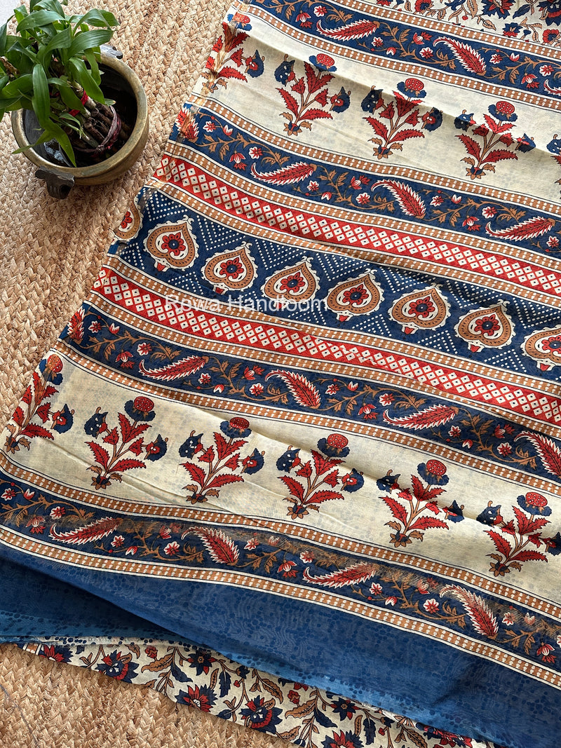 Cream Yellow Chanderi Silk Printed Saree CPS061