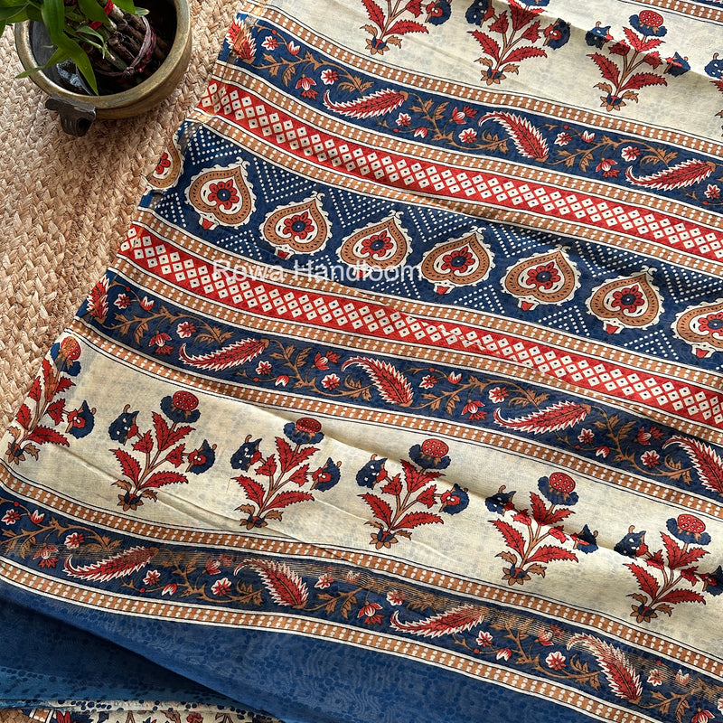 Cream Yellow Chanderi Silk Printed Saree CPS061