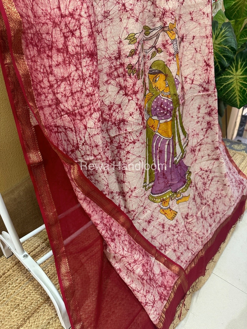 Maheshwari Pink Batik Figure Handpainted Saree MFPS09