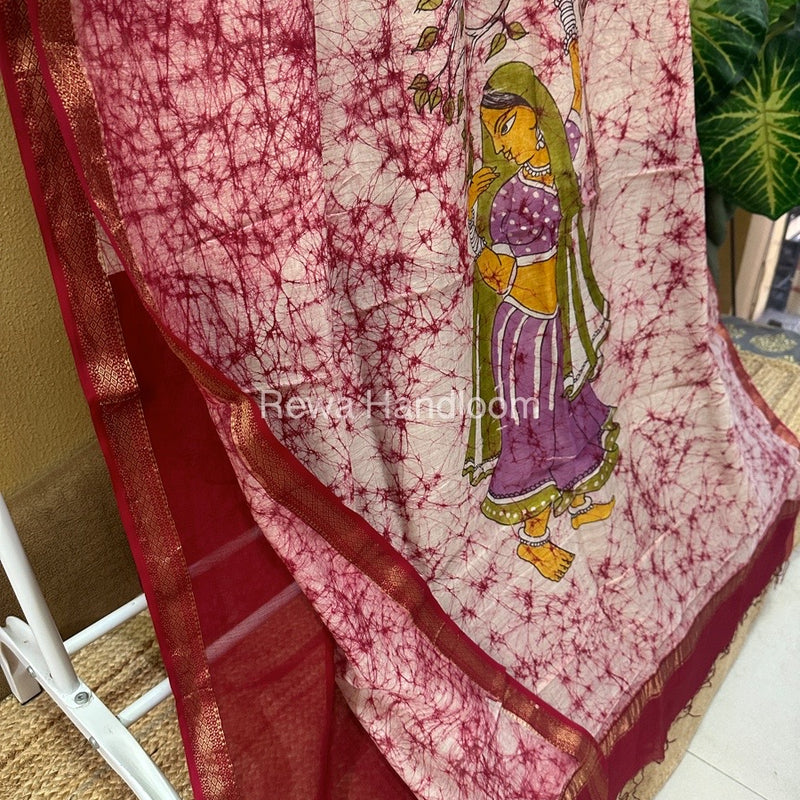 Maheshwari Pink Batik Figure Handpainted Saree MFPS09