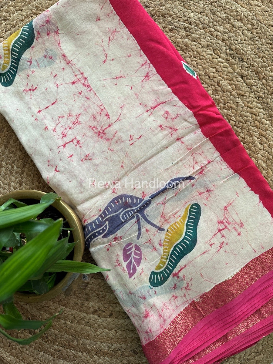 Maheshwari Dark Pink Batik Indonesian Print Saree IBS024