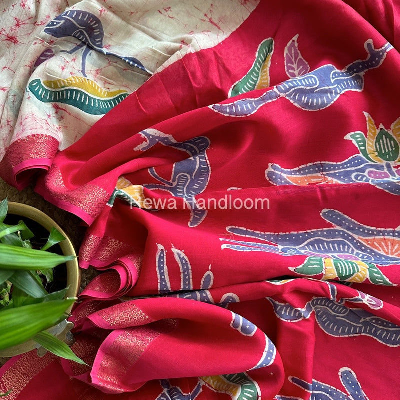 Maheshwari Dark Pink Batik Indonesian Print Saree IBS024