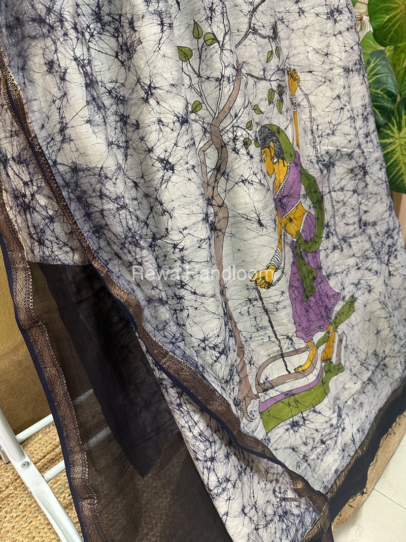 Maheshwari Black Batik Figure Handpainted Saree MFPS011