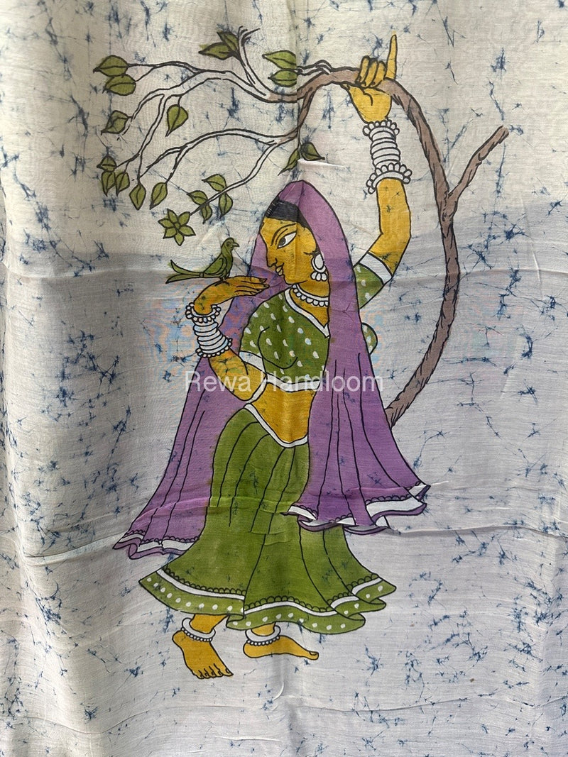 Maheshwari Sky Blue Batik Figure Handpainted Saree MFPS018