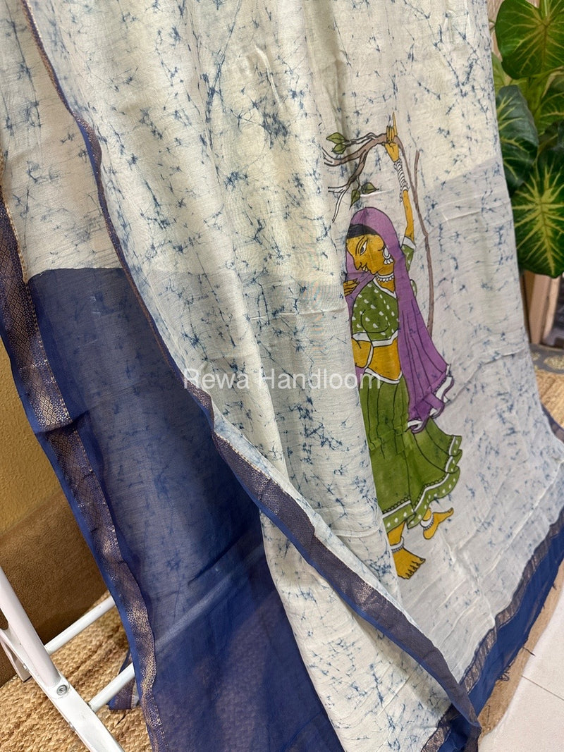 Maheshwari Sky Blue Batik Figure Handpainted Saree MFPS018
