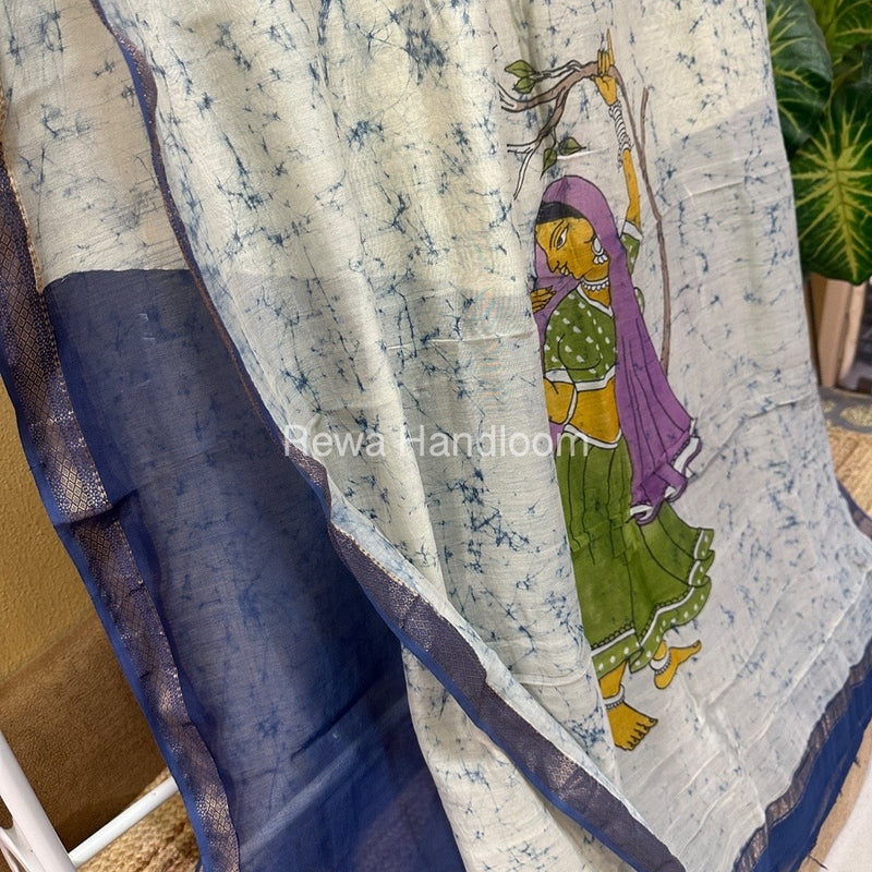 Maheshwari Sky Blue Batik Figure Handpainted Saree MFPS018